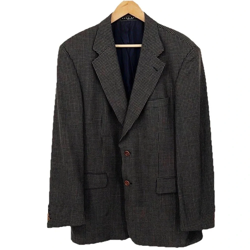 HUGO BOSS Apollon Blazer Sport Coat 100% Wool Black w Tan Check 42R Wood Buttons